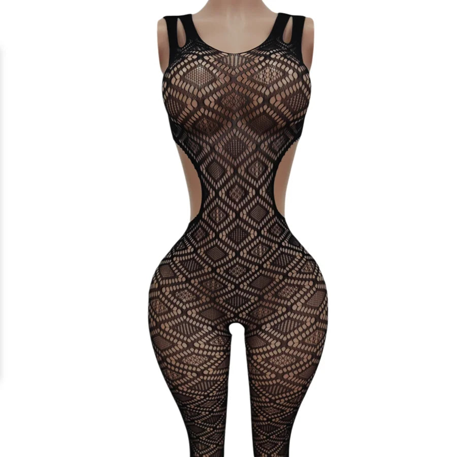 Ladies Fishing Net Grid Strapless Backless One-Piece Net Clothes Pure Desire Erotic Underwear Double Shoulder Strap Design