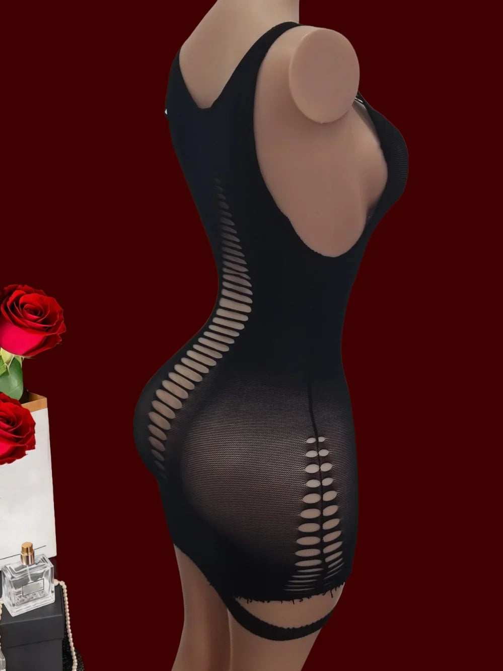 Ladies Knitted See-through Mini Dress Sleeveless Hollow Elastic Sleepwear Com