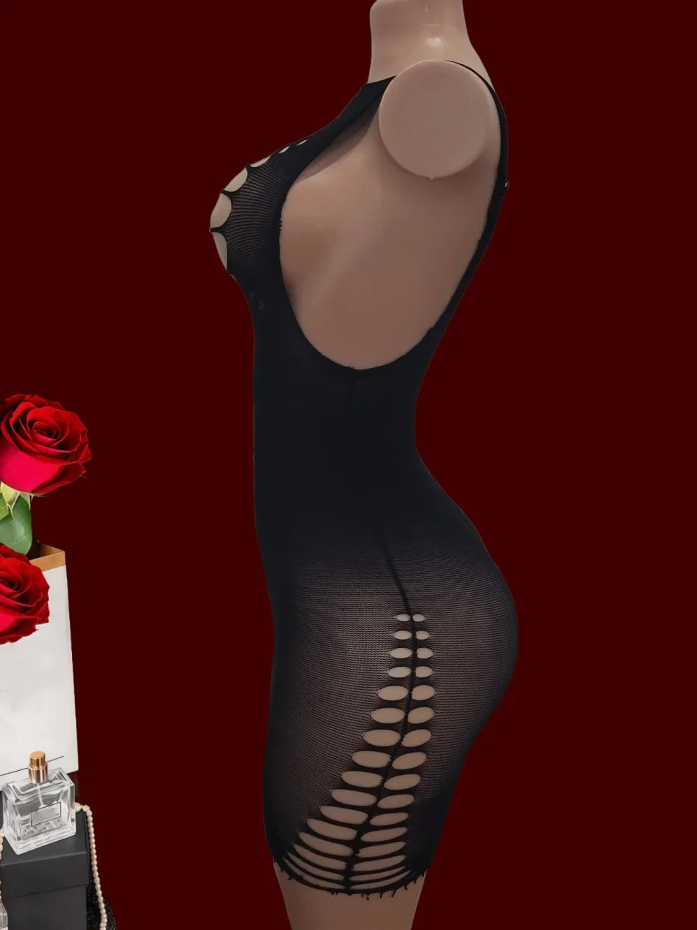 Ladies Knitted See-through Mini Dress Sleeveless Hollow Elastic Sleepwear Com