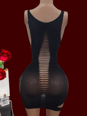 Ladies Knitted See-through Mini Dress Sleeveless Hollow Elastic Sleepwear Com