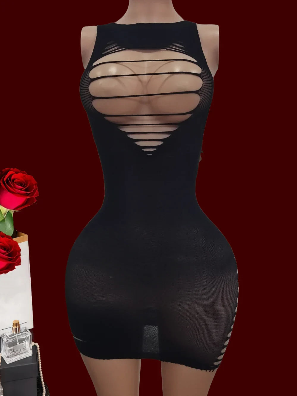Ladies Knitted See-through Mini Dress Sleeveless Hollow Elastic Sleepwear Com