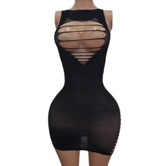 Ladies Knitted See-through Mini Dress Sleeveless Hollow Elastic Sleepwear Com