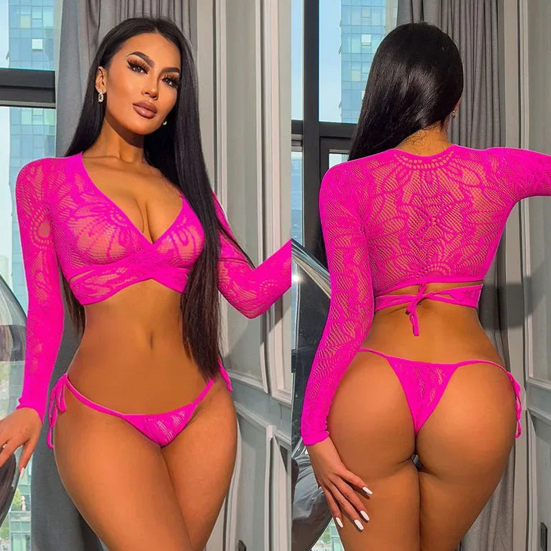 Ladies Lace See-through Bikini Set Low-cut Strapless Seductive Sleepwear Tempting Lingerie Ensemble