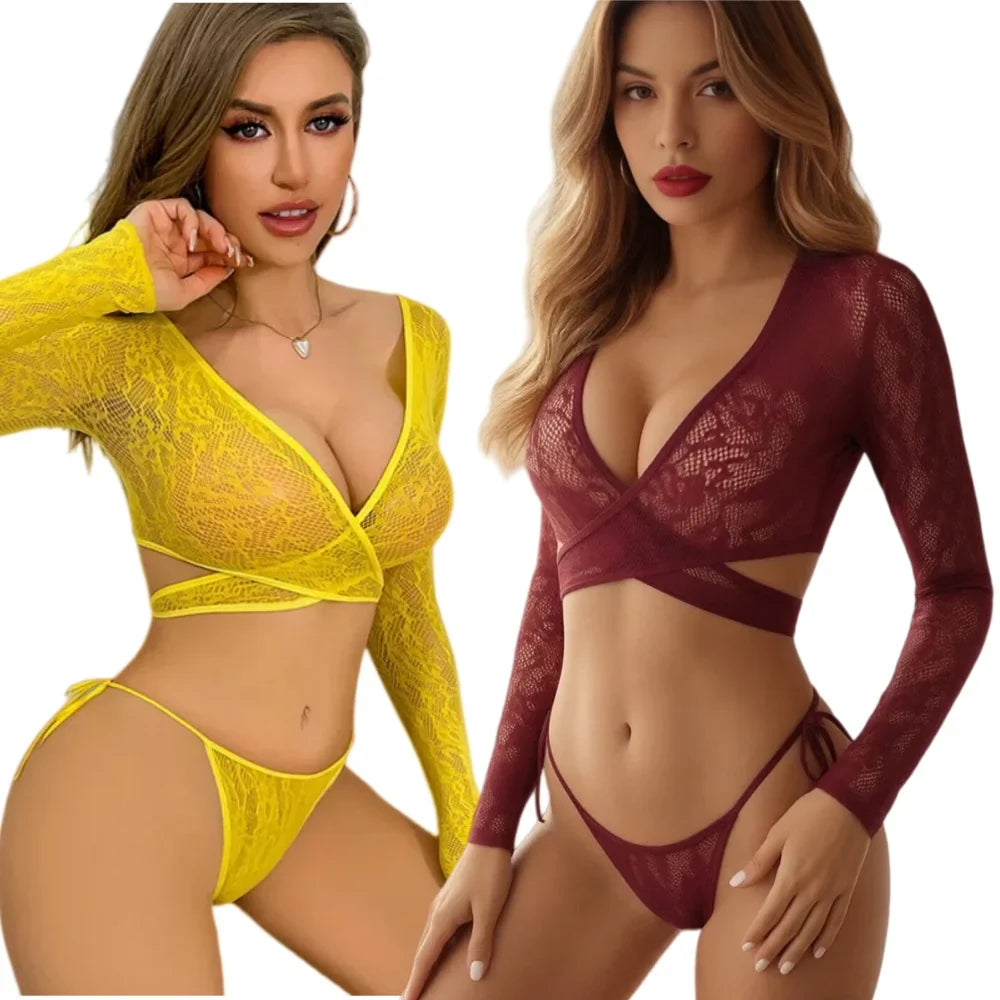 Ladies Lace See-through Bikini Set Low-cut Strapless Seductive Sleepwear Tempting Lingerie Ensemble