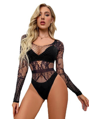 Ladies Lingerie Fishnet Hollow Long Sleeve Butt Baring Seductive Sleepwear Tempting Costume