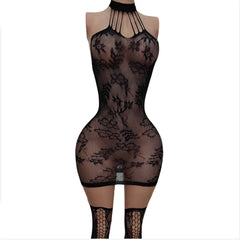 Ladies Lingerie Set Hollow out Transparent Tummy Control Skirt Lace Neck Hanging Black High Waist Long Stockings