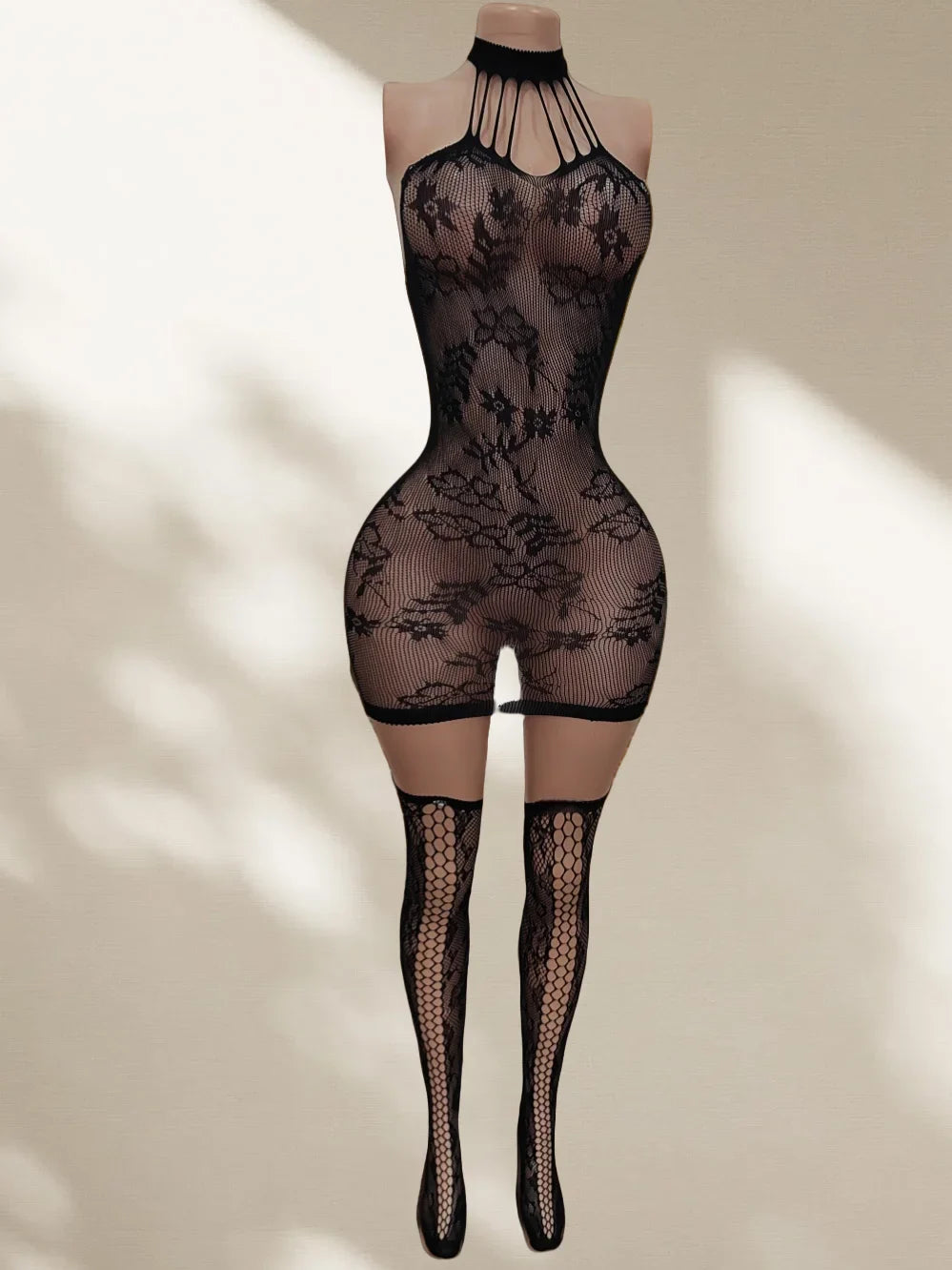 Ladies Lingerie Set Hollow out Transparent Tummy Control Skirt Lace Neck Hanging Black High Waist Long Stockings
