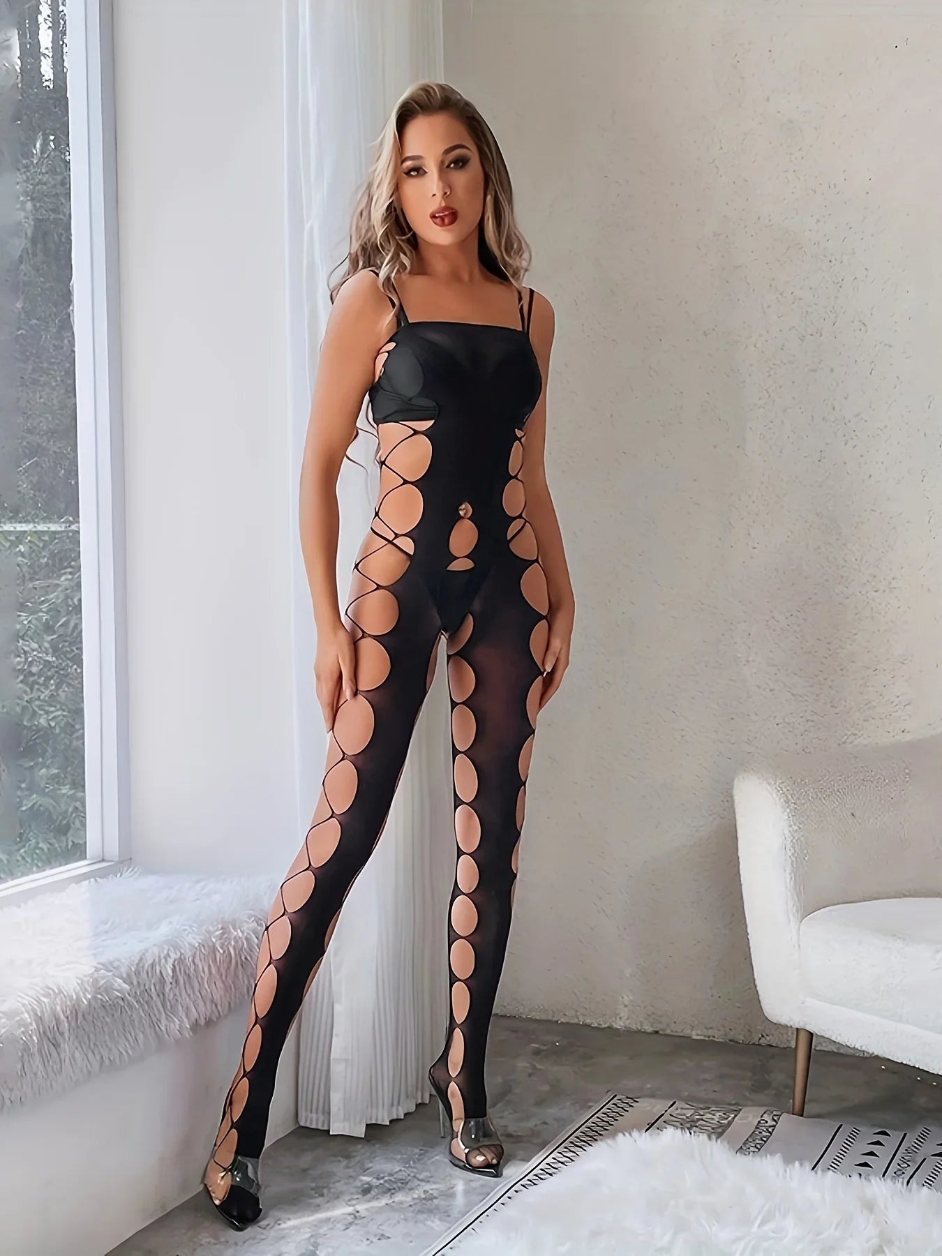 Ladies' One-Piece Suit with Personality Hollow Perspective Open-Crotch Com