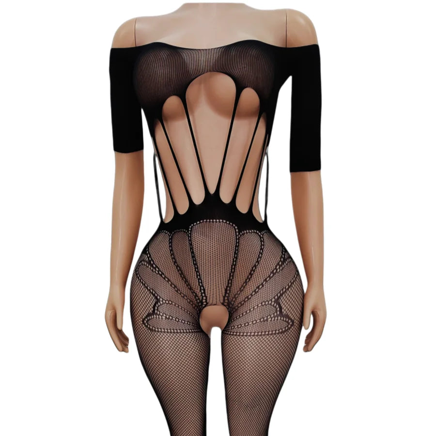 Ladies One-Shoulder Mesh Knitted Nightgown with Hollow out Design Tempting Tight Mesh Petal Fishnet Seductive Sleepwear