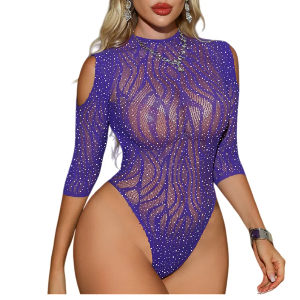 Ladies Purple Bikini Lingerie with Rhinestones Backless See-through Sleepwear European Style Erotic Clothing