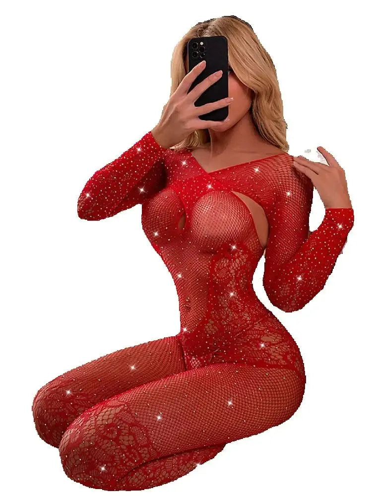Ladies Rhinestone See-through Wedding Underwear Nightgown Tempting Embroidered One-piece Nightdress