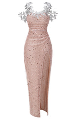 Leaf Detail Sequin Maxi Dress Rose Gold
