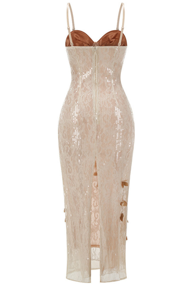 Leaf Detail Bustier Sequin Lace Maxi Dress Brown Nude LoSaTa leaf-detail-bustier-sequin-lace-maxi-dress-brown-nude-losata