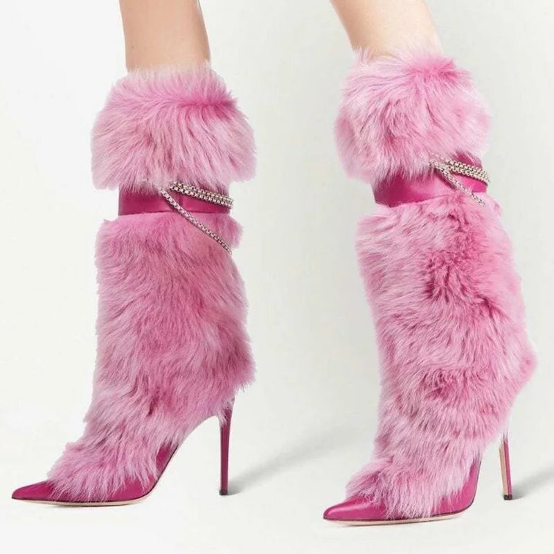 Chain Decor Leather Pointed Toe Stiletto Warm Fur Buckle Strap Knee High Heels Boots