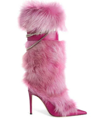 Chain Decor Leather Pointed Toe Stiletto Warm Fur Buckle Strap Knee High Heels Boots