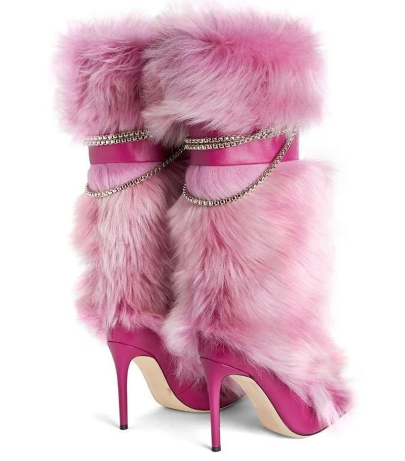 Chain Decor Leather Pointed Toe Stiletto Warm Fur Buckle Strap Knee High Heels Boots