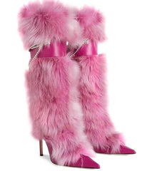 Chain Decor Leather Pointed Toe Stiletto Warm Fur Buckle Strap Knee High Heels Boots