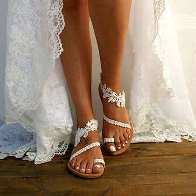 Leather Flower and Lace Strap Sandals