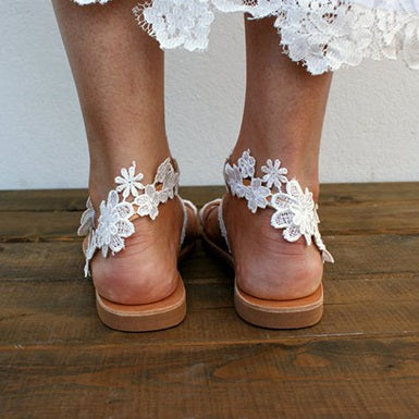 Leather Flower and Lace Strap Sandals