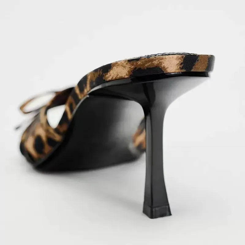 Leopard Print High Quality Pointed toe Bow Knot High Heel Slippers