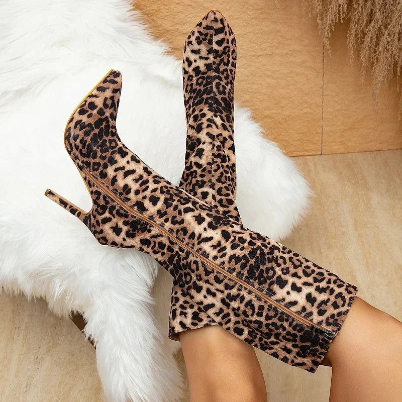 Leopard Print Pointed Toe Zipper Long Knee-High Boots