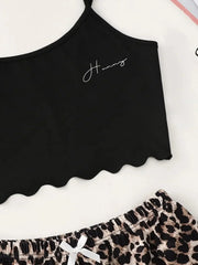 Leopard Print Sling Sleepwear Pajamas Set Lingerie V-Neck Sleeveless Top and Shorts Sets Pyjamas Homewear