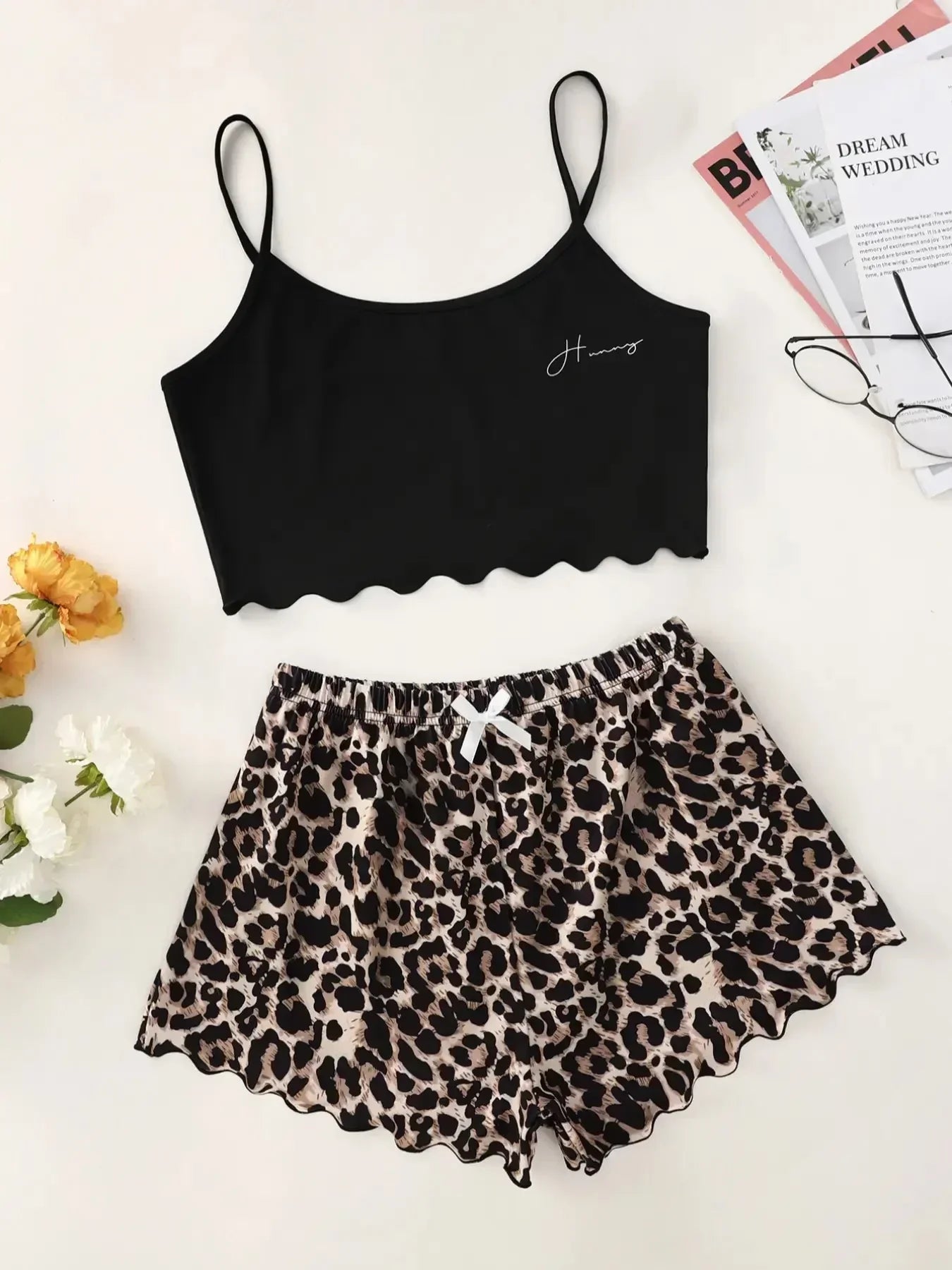Leopard Print Sling Sleepwear Pajamas Set Lingerie V-Neck Sleeveless Top and Shorts Sets Pyjamas Homewear