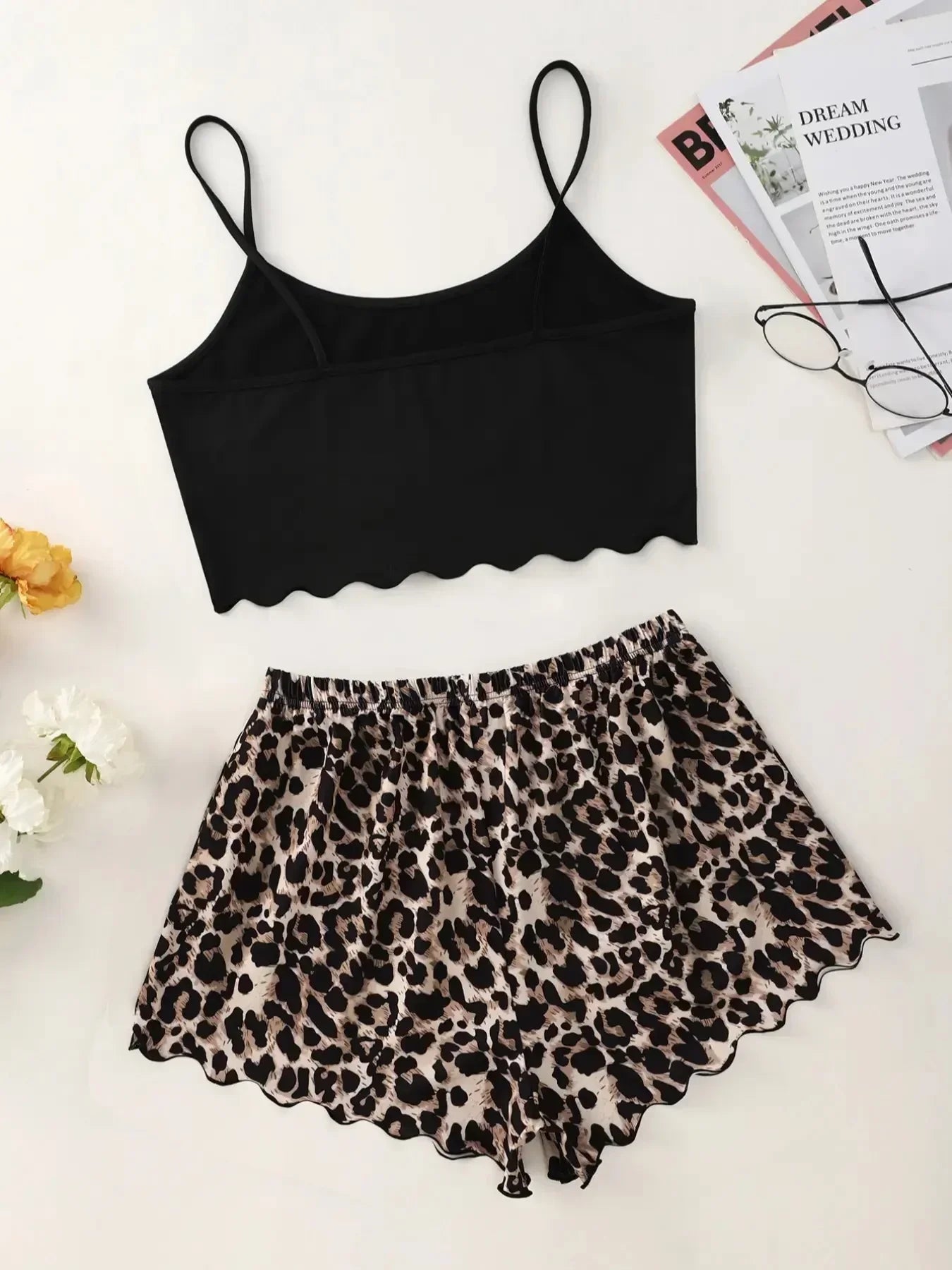 Leopard Print Sling Sleepwear Pajamas Set Lingerie V-Neck Sleeveless Top and Shorts Sets Pyjamas Homewear