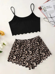 Leopard Print Sling Sleepwear Pajamas Set Lingerie V-Neck Sleeveless Top and Shorts Sets Pyjamas Homewear