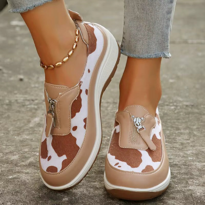 Casual Leopard Print Front Zipper Wedge Platform Shoes