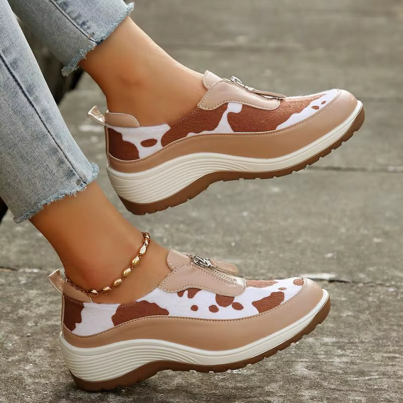 Casual Leopard Print Front Zipper Wedge Platform Shoes