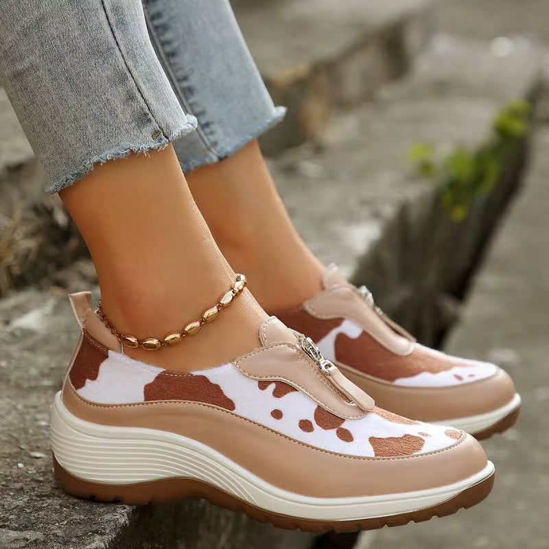 Casual Leopard Print Front Zipper Wedge Platform Shoes