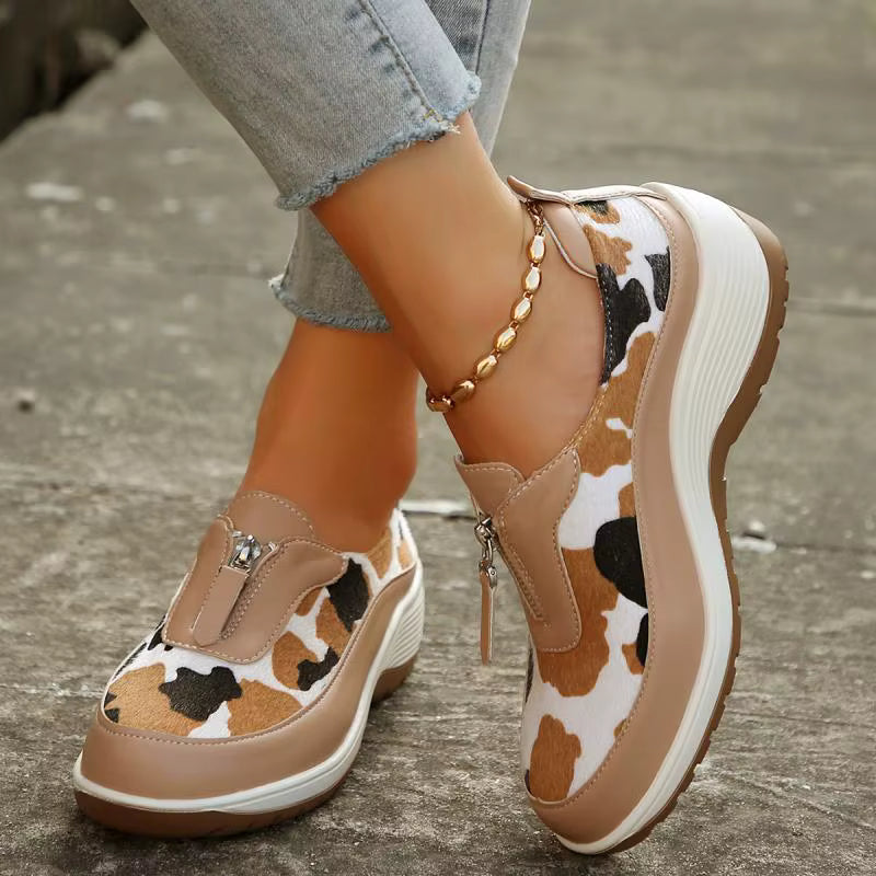 Leopard Print Front Zipper Wedge Sneakers Platform Shoes