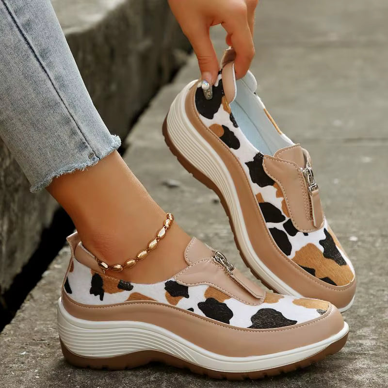 Leopard Print Front Zipper Wedge Sneakers Platform Shoes