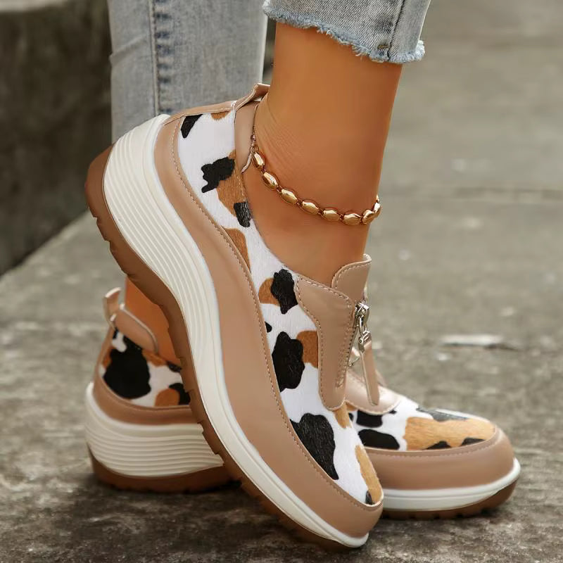 Leopard Print Front Zipper Wedge Sneakers Platform Shoes
