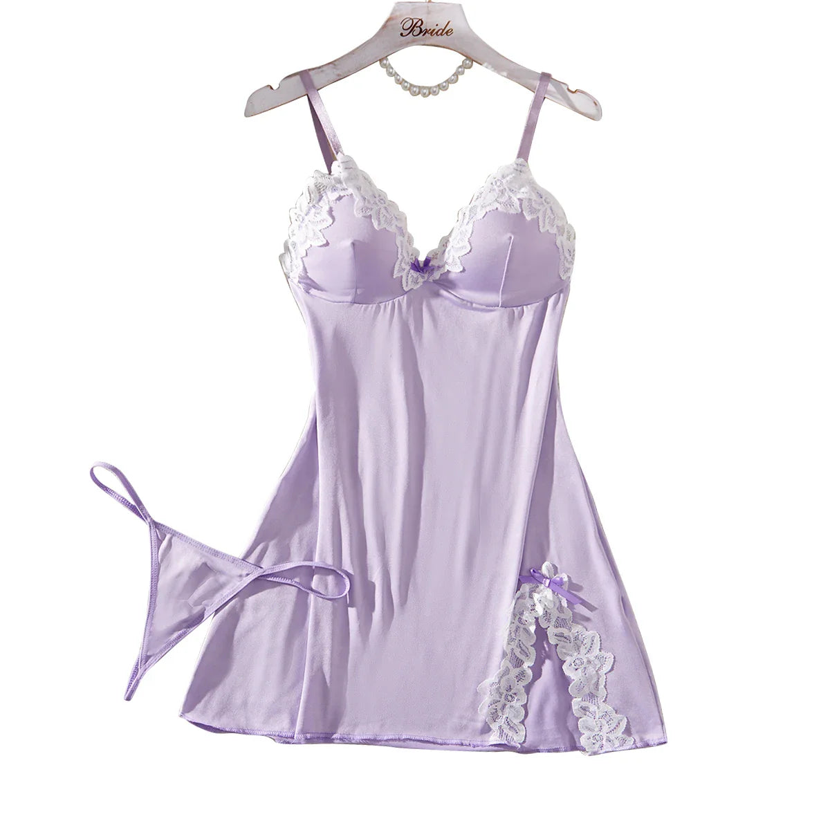 Light Purple Nightdress Lace Bow Dress Babydoll Sleepdress Underwear Sets Ladies Outfits
