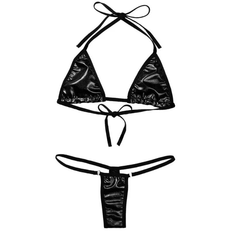 Lingerie mini swimsuit patent leather lace-up three-piece tie bikini set