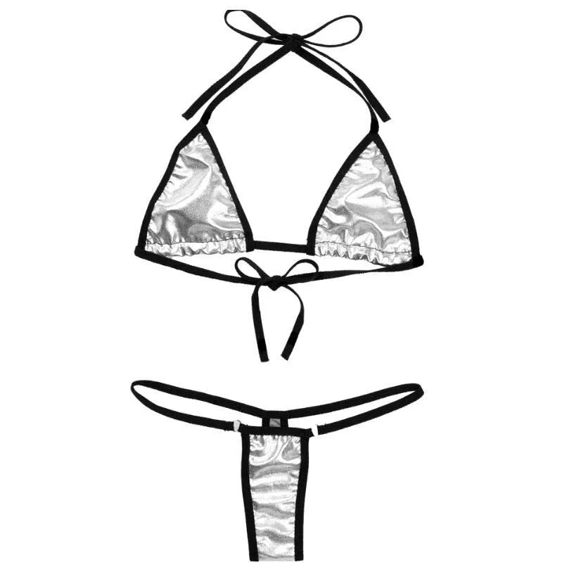 Lingerie mini swimsuit patent leather lace-up three-piece tie bikini set