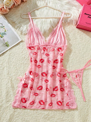 Lips Prints Pink Lace Lingerie See Through Babydoll Dress Slim Soft V Neck Side Opening Sleepwear Festival Gift