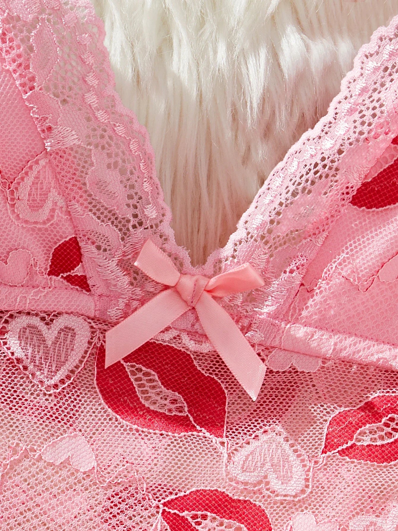 Lips Prints Pink Lace Lingerie See Through Babydoll Dress Slim Soft V Neck Side Opening Sleepwear Festival Gift