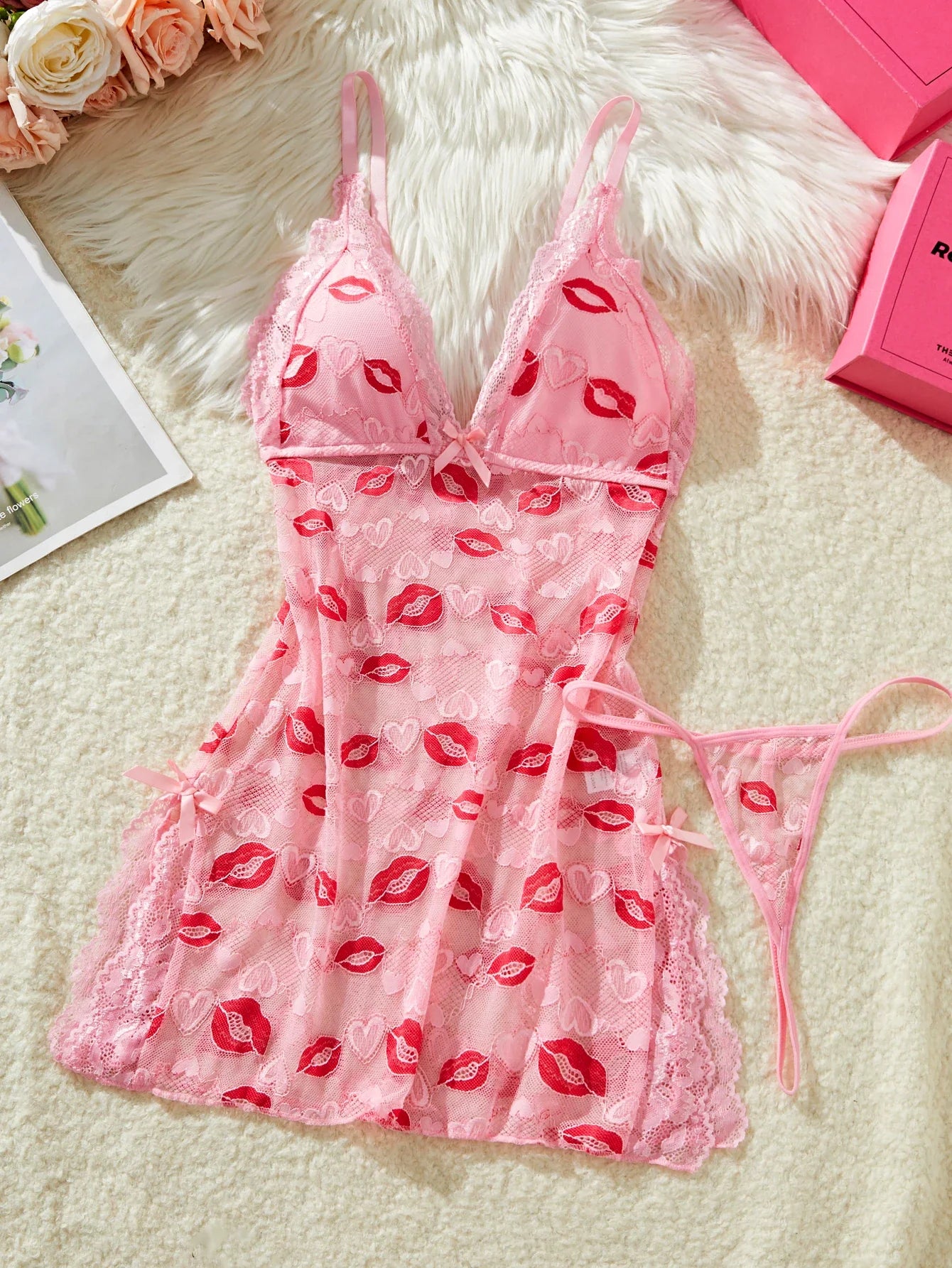 Lips Prints Pink Lace Underwear Babydoll Dress Soft Sleepwear Festival Gift