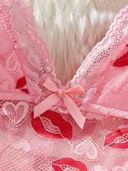 Lips Prints Pink Lace Underwear Babydoll Dress Soft Sleepwear Festival Gift
