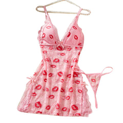 Lips Prints Pink Lace Underwear Babydoll Dress Soft Sleepwear Festival Gift