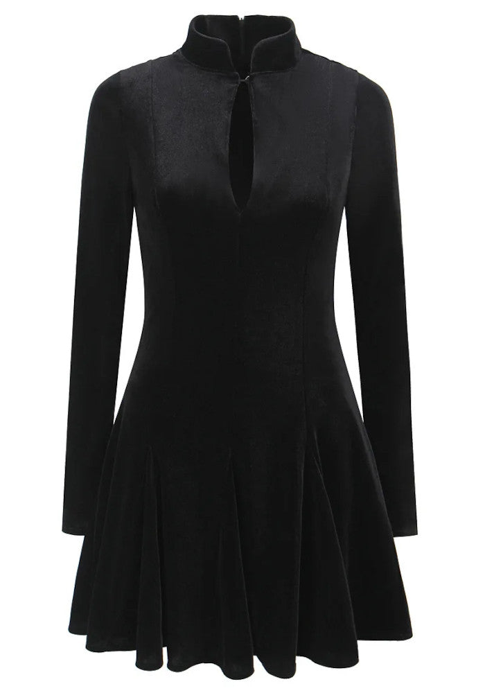 Long Sleeve A Line Velvet Dress Black