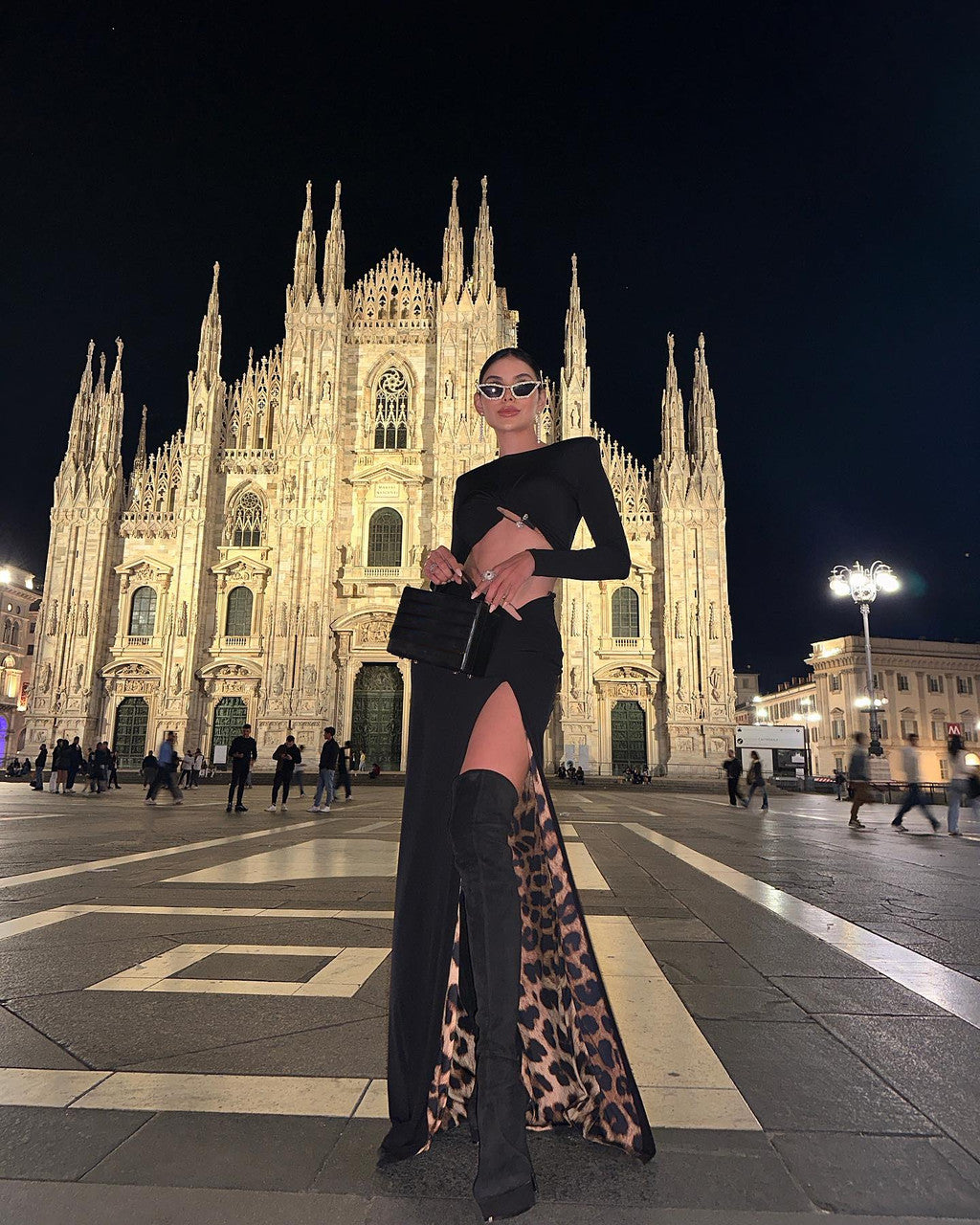 Long Sleeve Animal Print Maxi Two Piece Dress Black