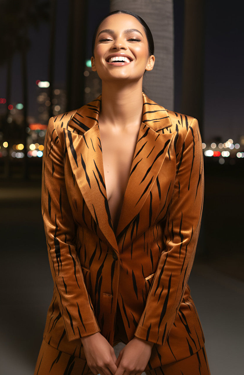 Long Sleeve Animal Print Suit Light Brown