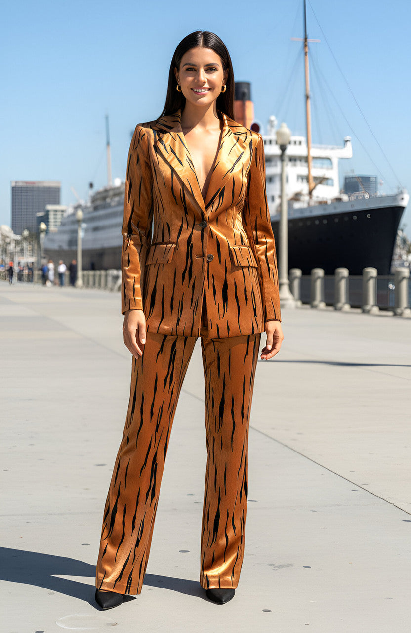 Long Sleeve Animal Print Suit Light Brown