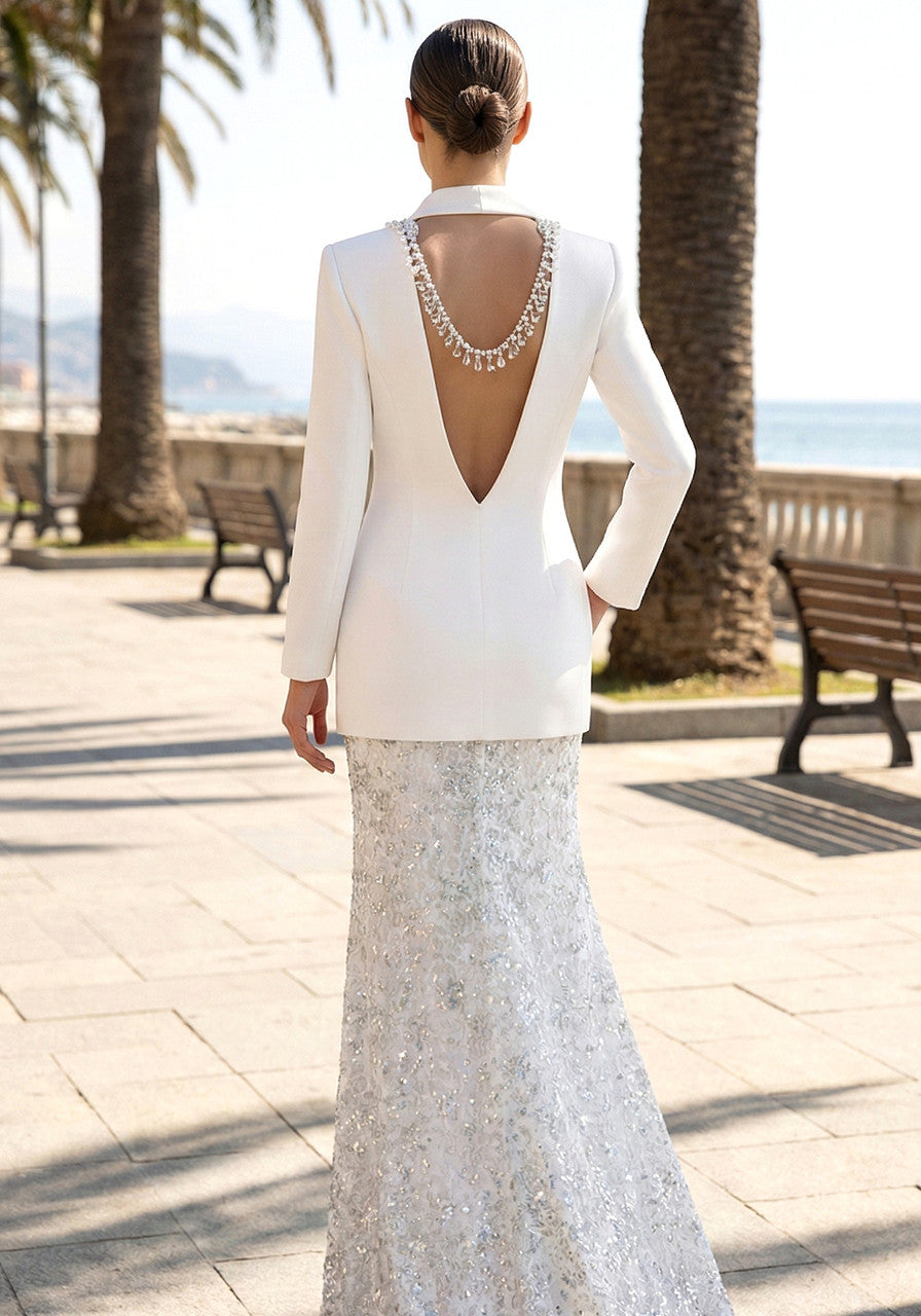Long Sleeve Backless Blazer White