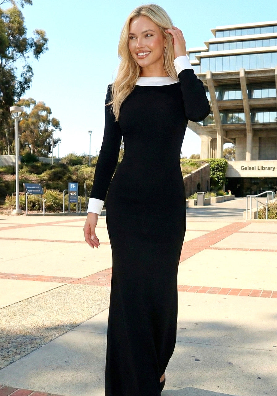 Long Sleeve Backless Maxi Dress Black White