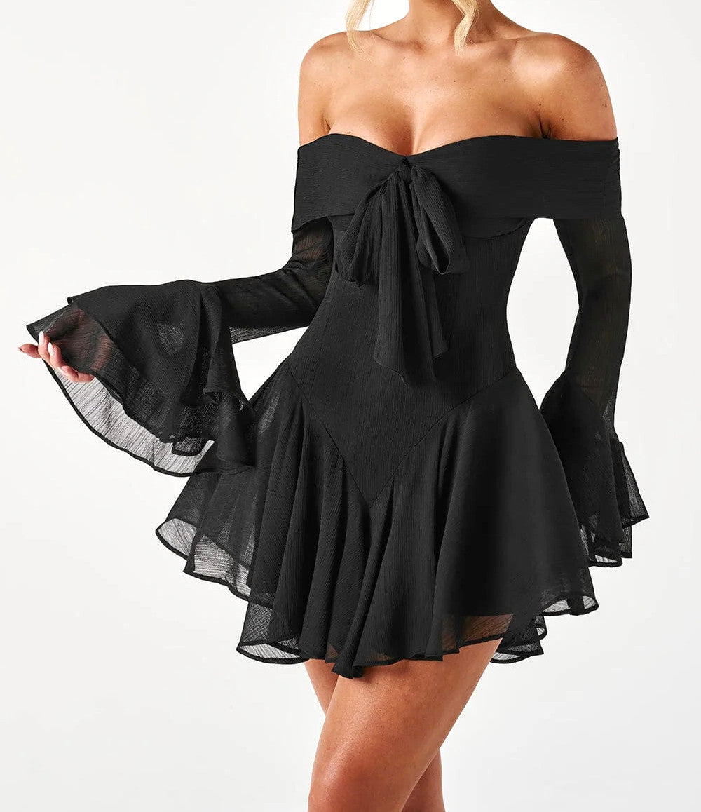 Long Sleeve Bardot A Line Dress Black